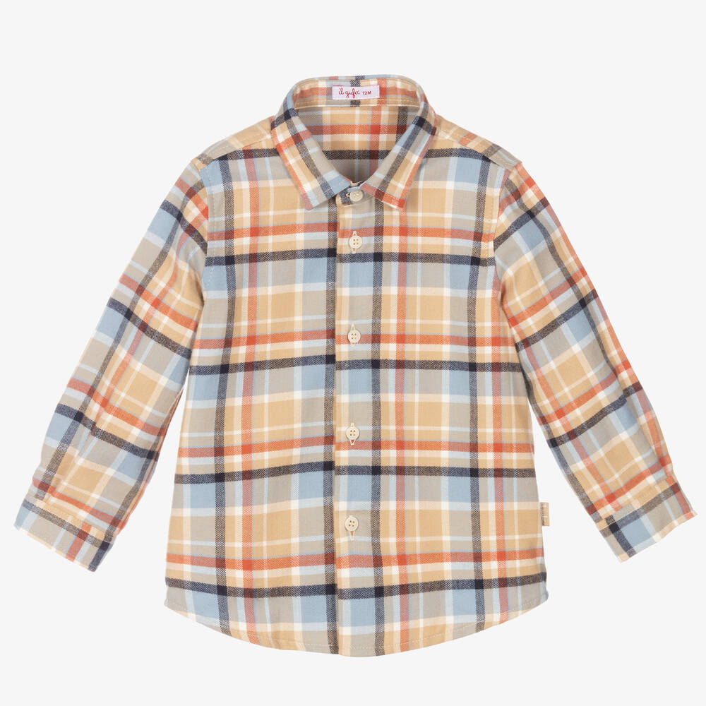 Il Gufo - قميص أطفال ولادي قطن كاروهات لون برتقالي وأزرق | Childrensalon