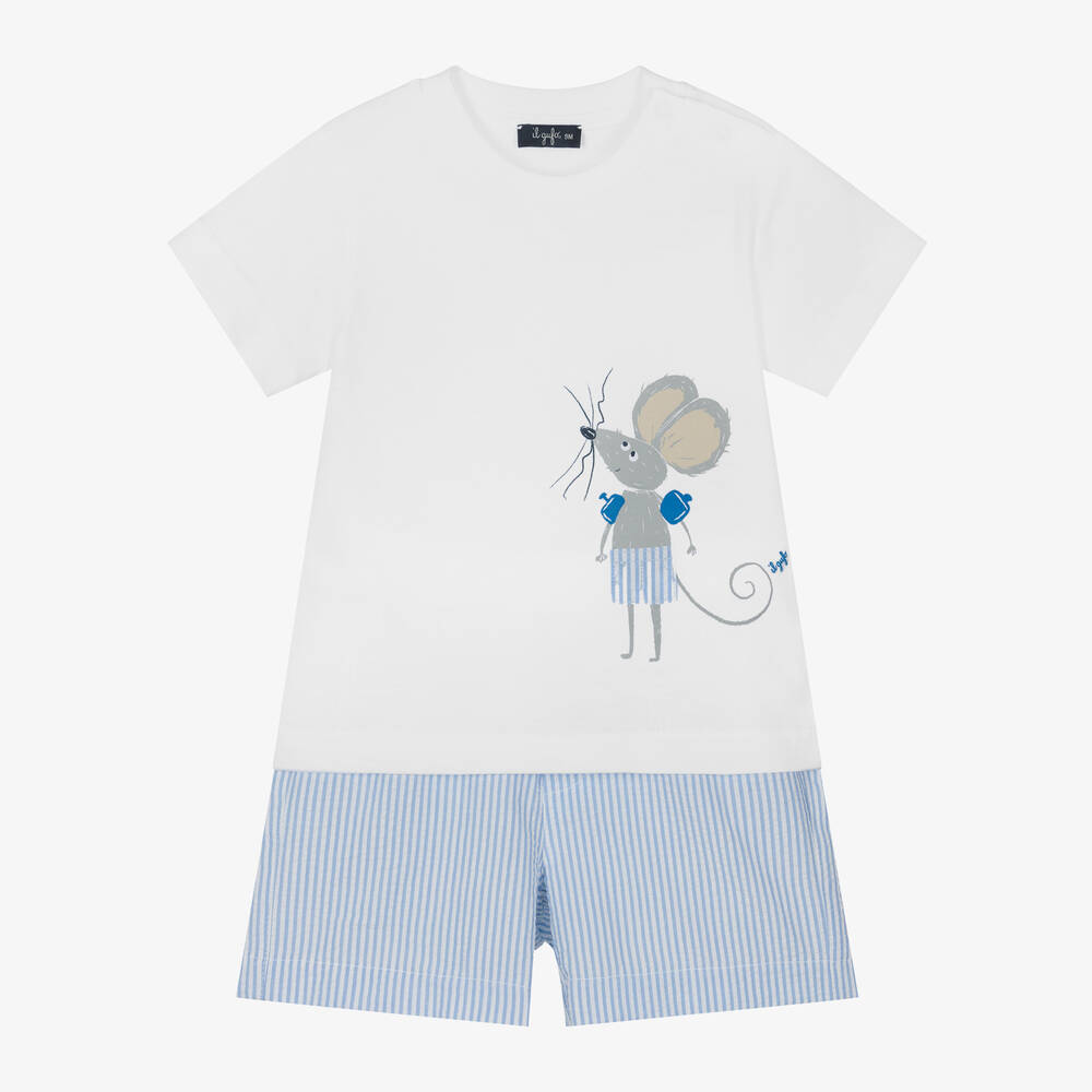 Il Gufo-Boys White & Blue Cotton Shorts Set | Childrensalon Outlet