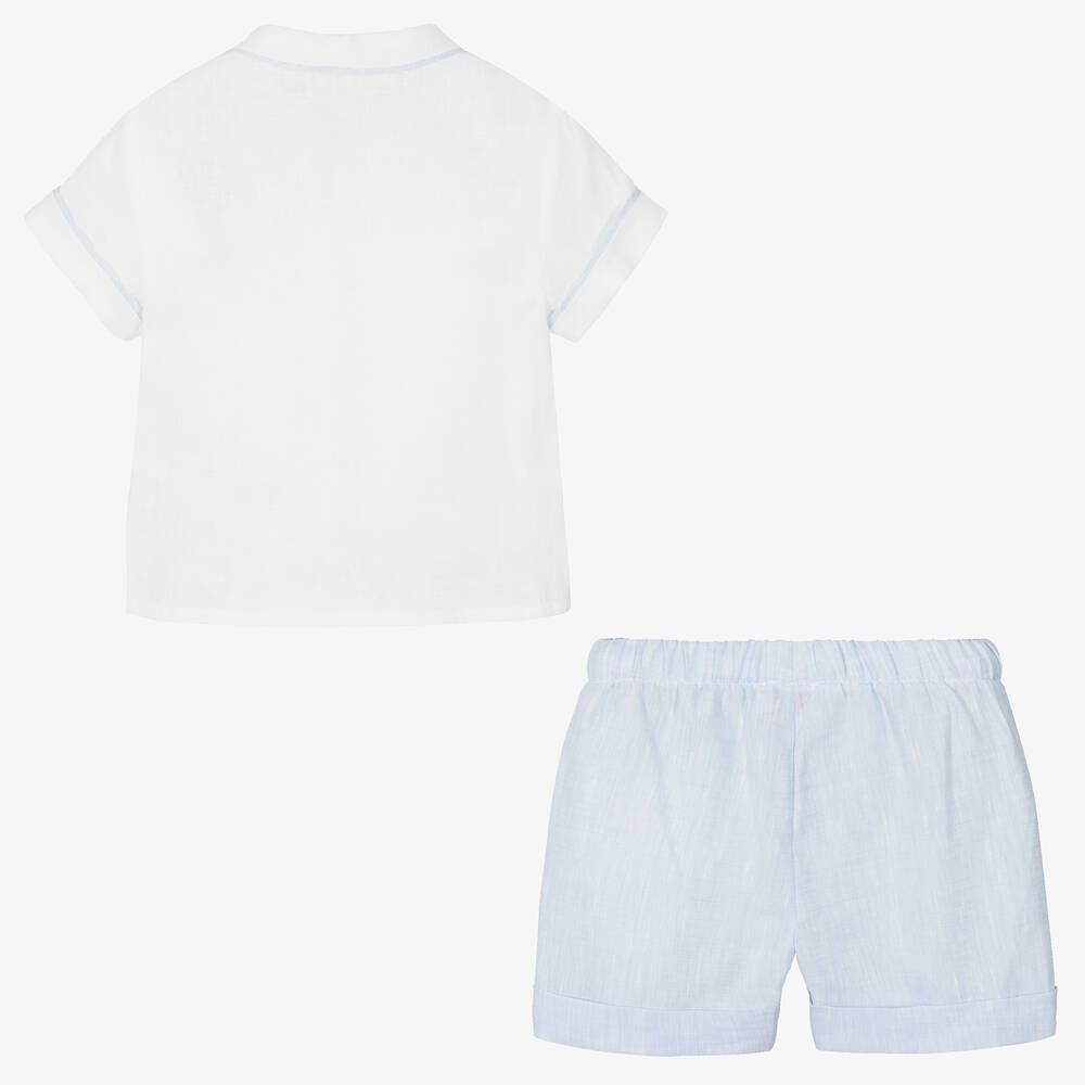 Il Gufo-Boys White & Blue Linen Short Set | Childrensalon Outlet