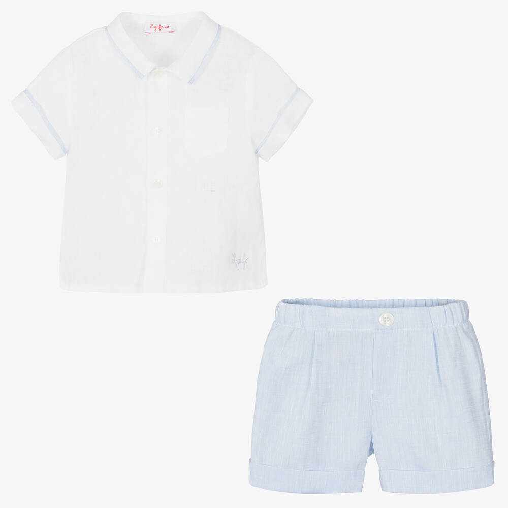Il Gufo-Boys White & Blue Linen Short Set | Childrensalon Outlet