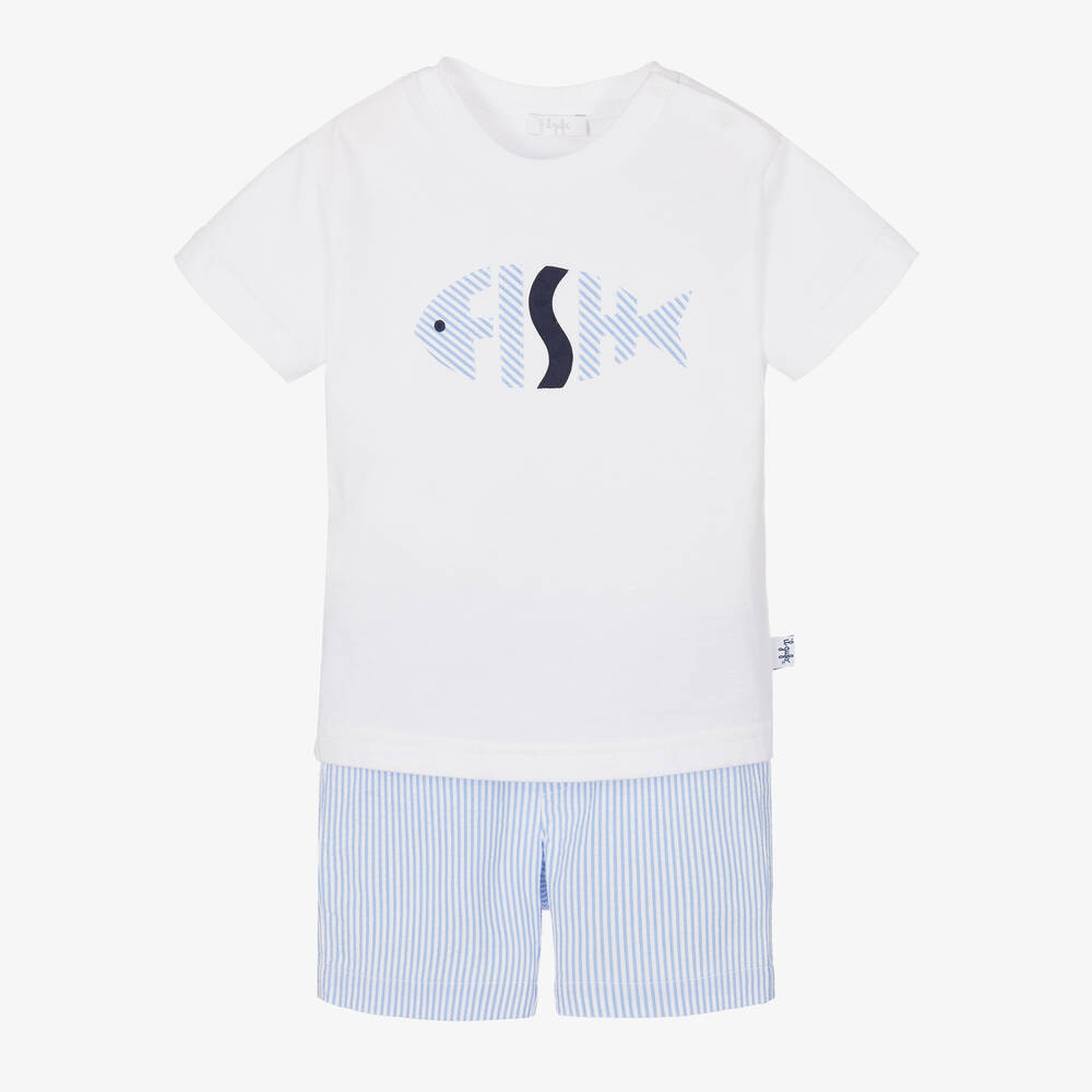 Il Gufo - Gestreiftes Shorts-Set in Weiß/Blau | Childrensalon