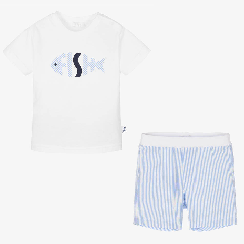 Il Gufo-Белая футболка и шорты в голубую полоску | Childrensalon Outlet