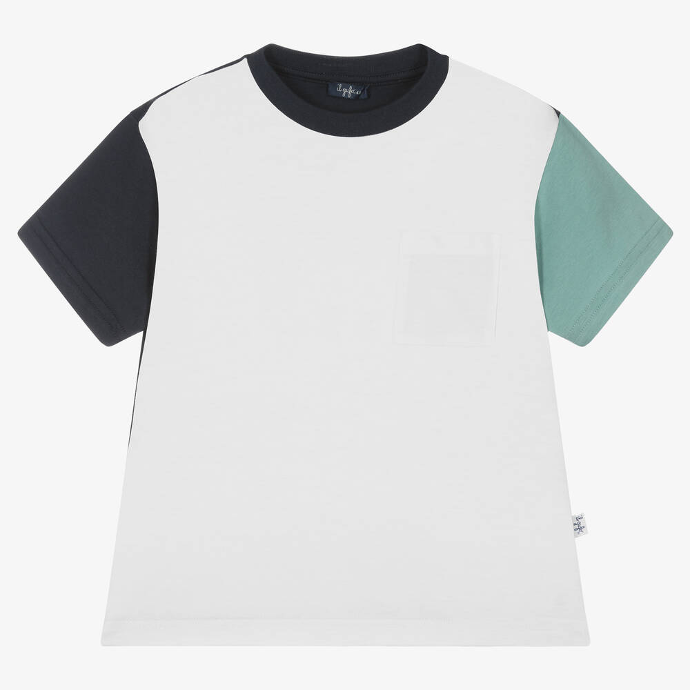 Il Gufo - Boys White Cotton Colourblock T-Shirt | Childrensalon