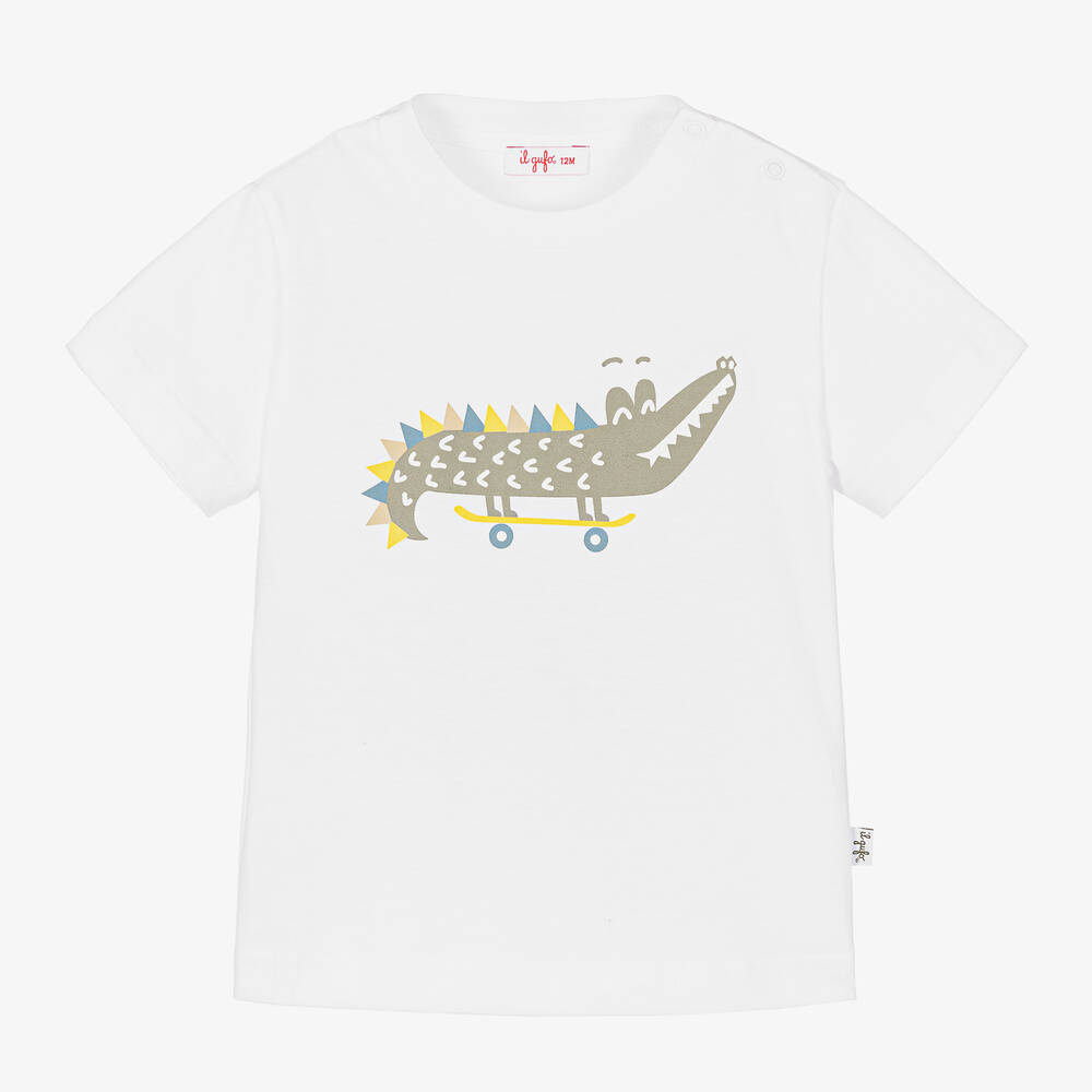 Il Gufo-Boys White Cotton Crocodile T-Shirt | Childrensalon Outlet