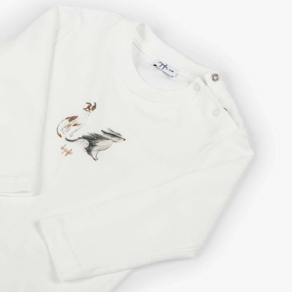 Il Gufo-Boys White Cotton Dog Graphic Long-Sleeved Top | Childrensalon Outlet