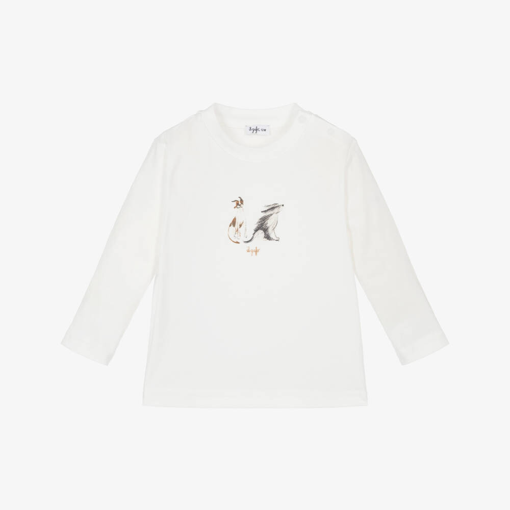 Il Gufo-Boys White Cotton Dog Graphic Long-Sleeved Top  | Childrensalon Outlet
