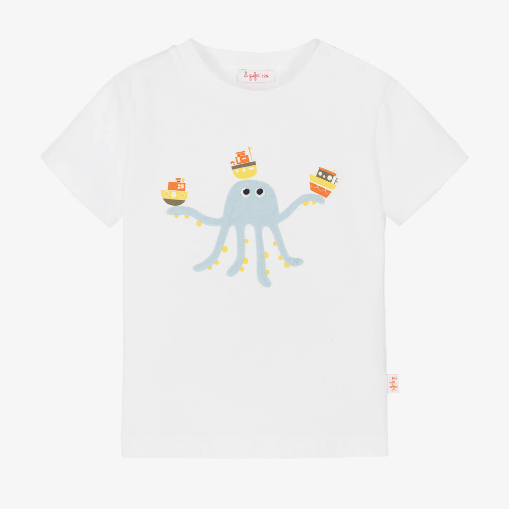 Il Gufo - Boys White Cotton Octopus T-Shirt | Childrensalon