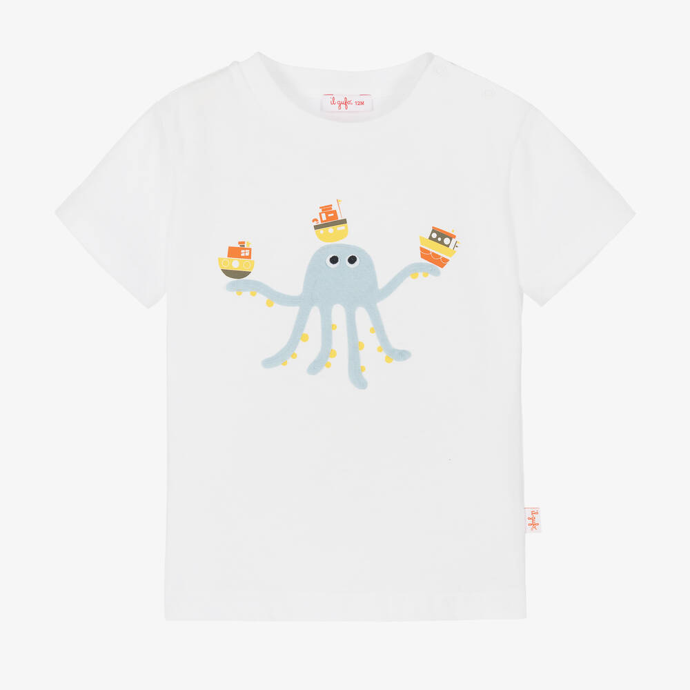 Il Gufo-Boys White Cotton Octopus T-Shirt | Childrensalon Outlet