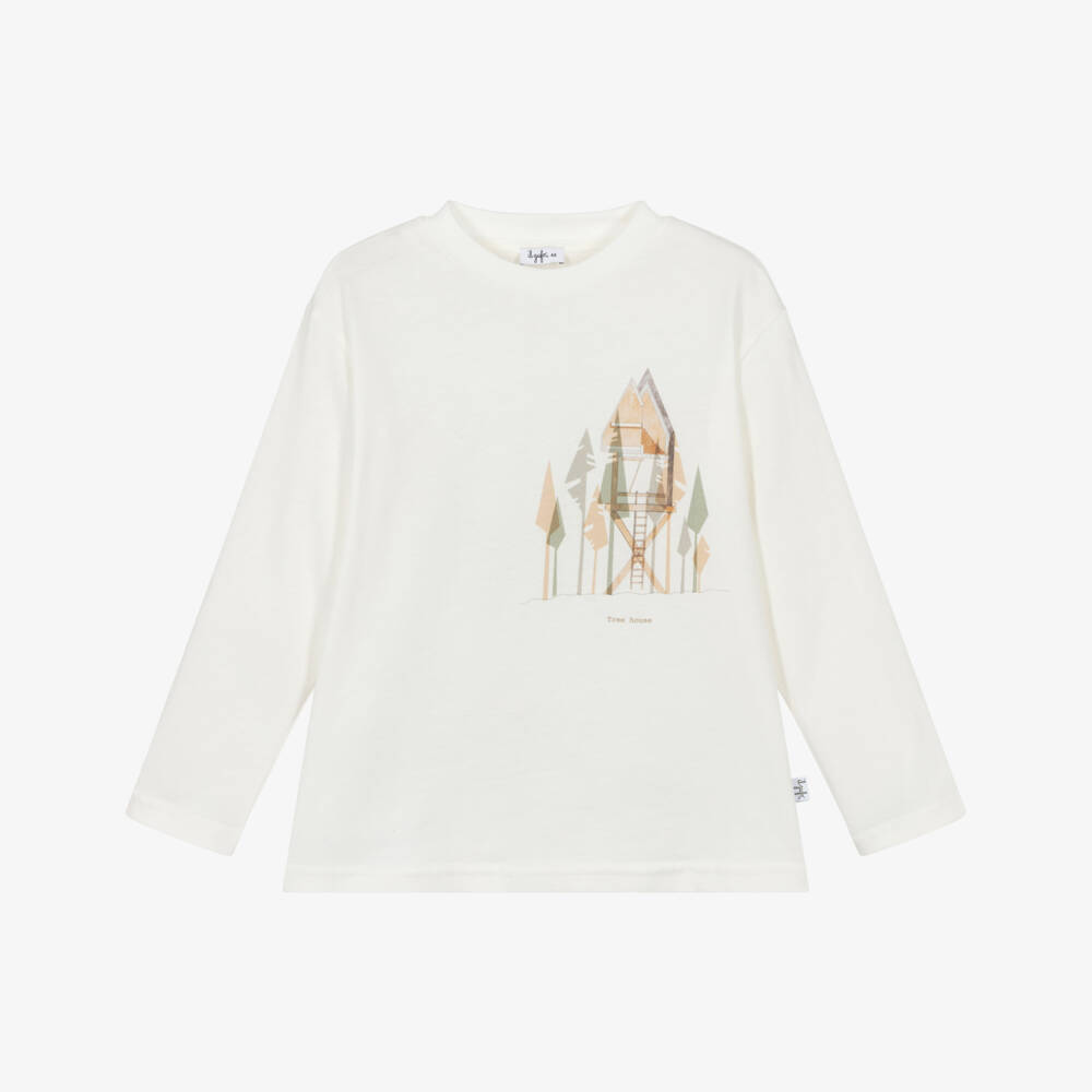 Il Gufo-Boys White Cotton Tree House Print Top  | Childrensalon Outlet
