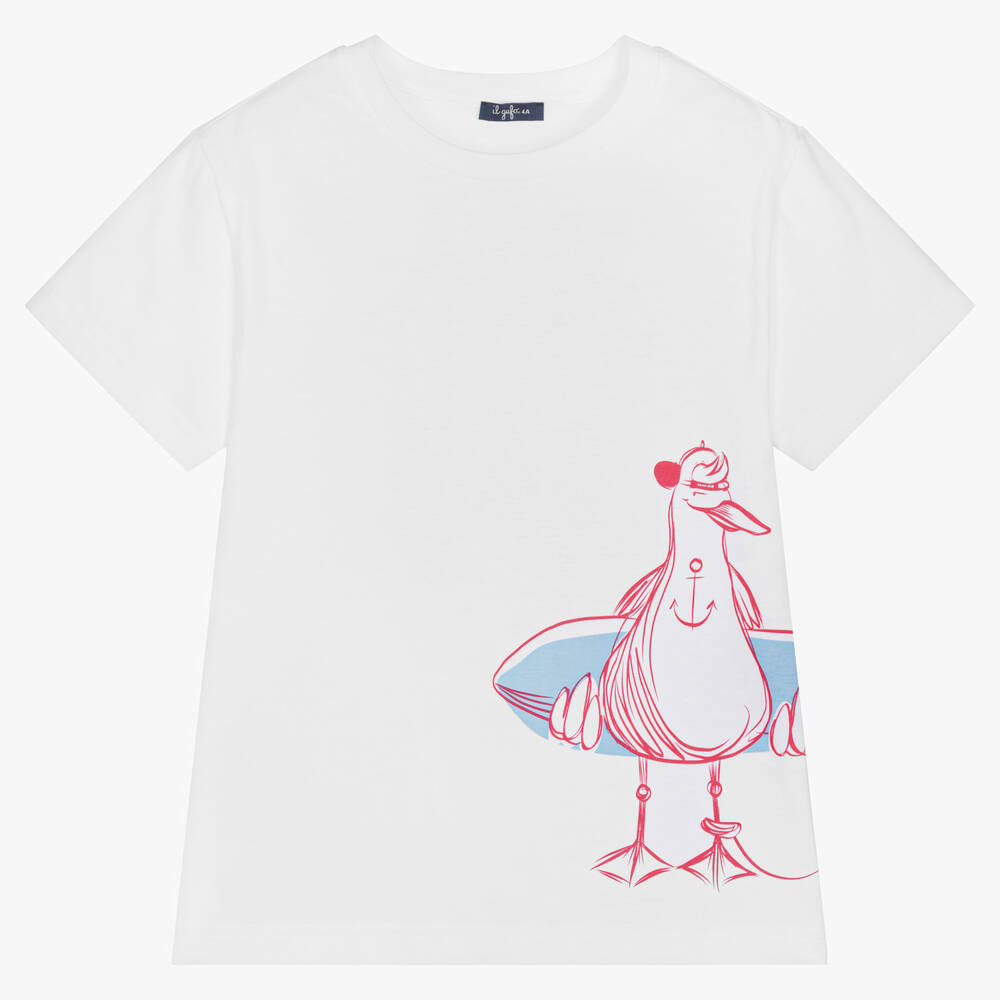 Il Gufo - Boys White Seagull Print T-Shirt | Childrensalon