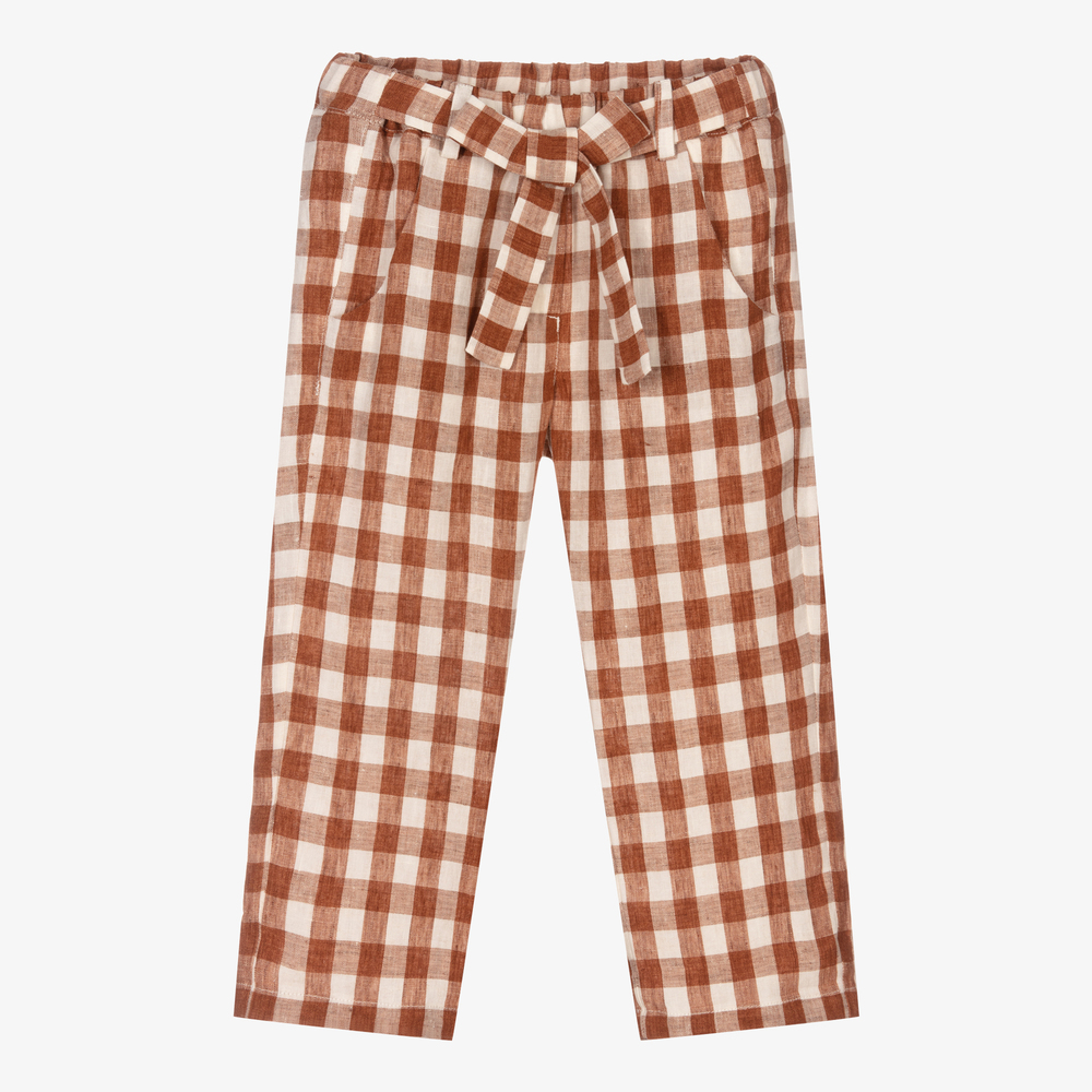 Il Gufo - Pantalon marron vichy en lin | Childrensalon