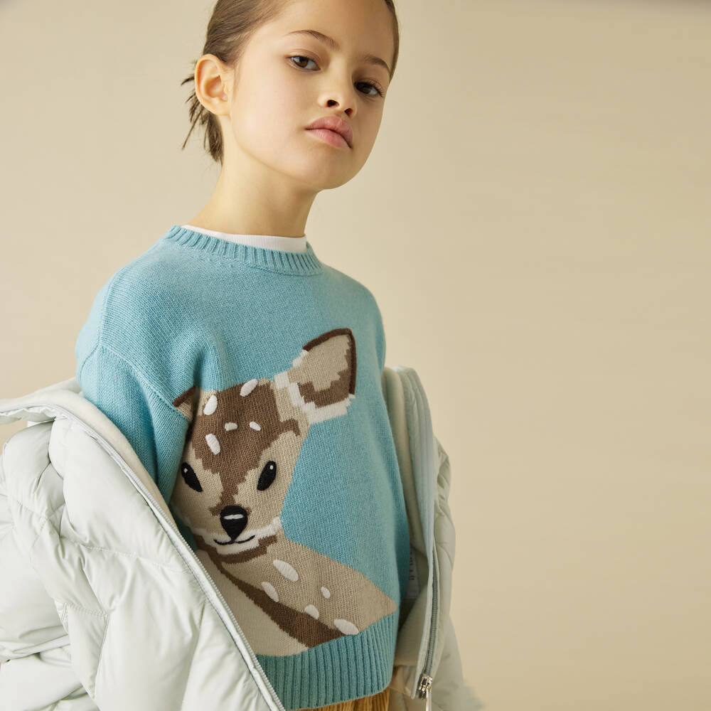 Il Gufo-Голубой свитер из мериносовой шерсти с оленем для девочек | Childrensalon Outlet