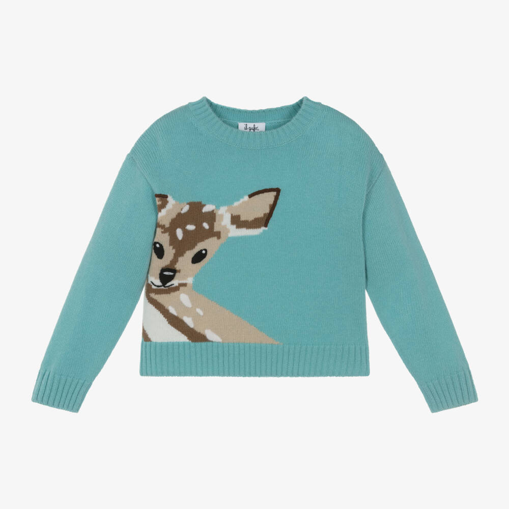 Il Gufo-Голубой свитер из мериносовой шерсти с оленем для девочек | Childrensalon Outlet