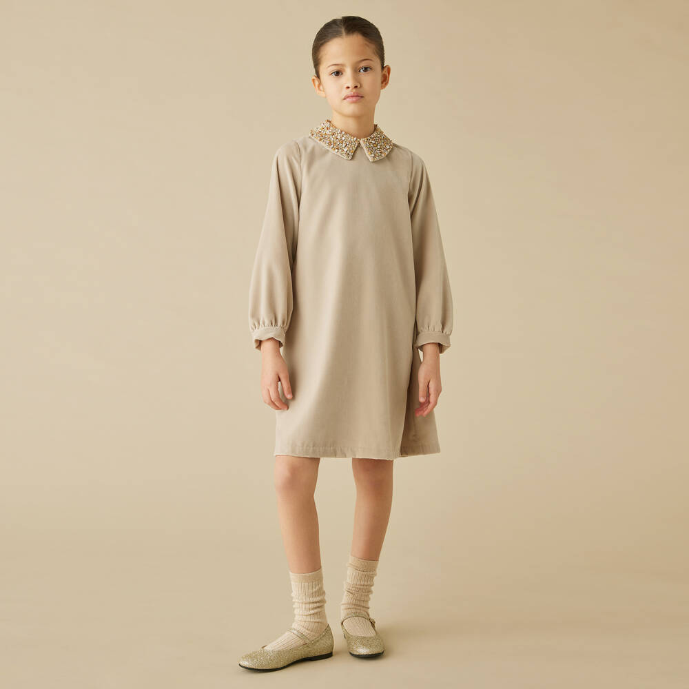 Il Gufo-Girls Beige Beaded Collar Dress | Childrensalon Outlet