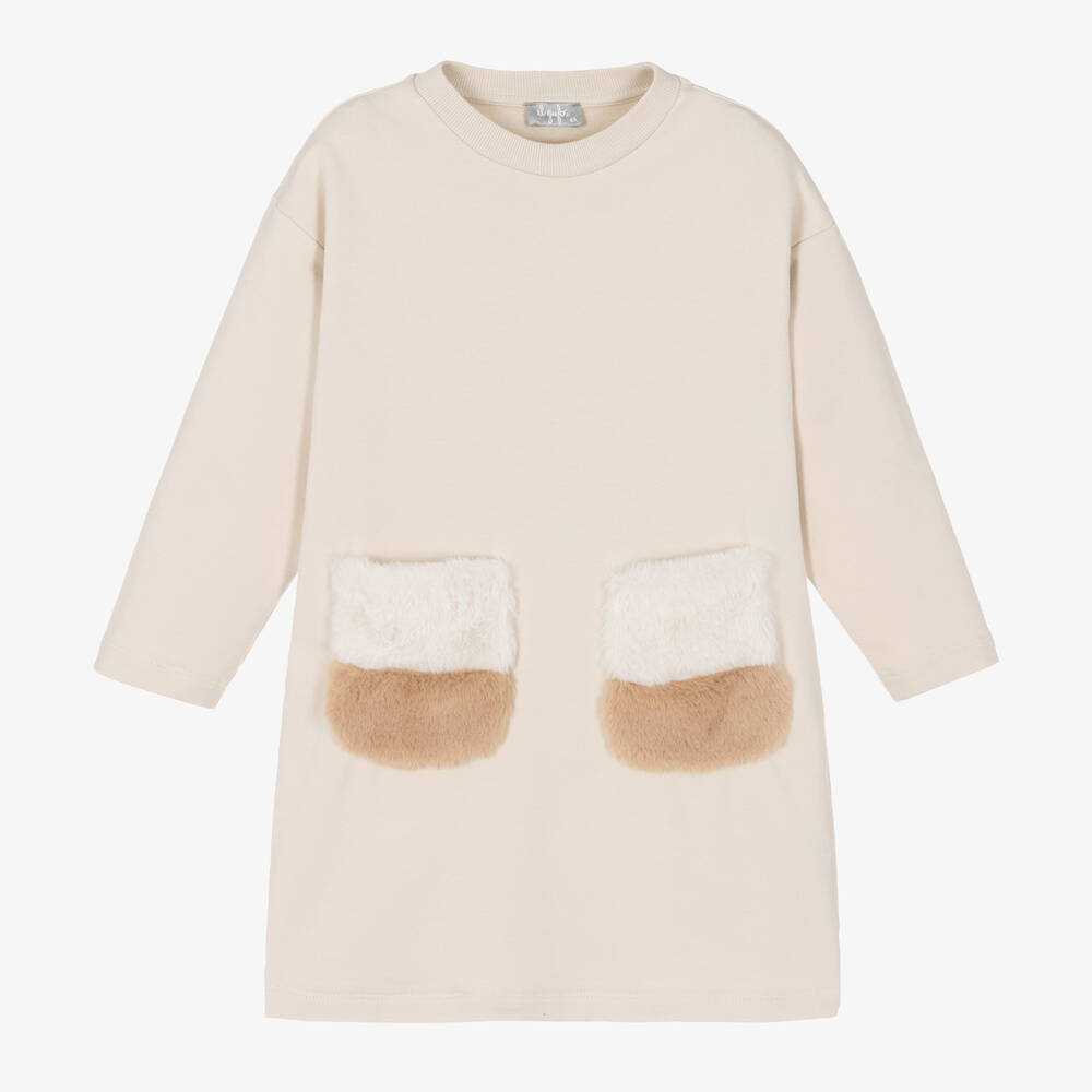 Il Gufo-Бежевое хлопковое платье с карманами из искусственного меха | Childrensalon Outlet