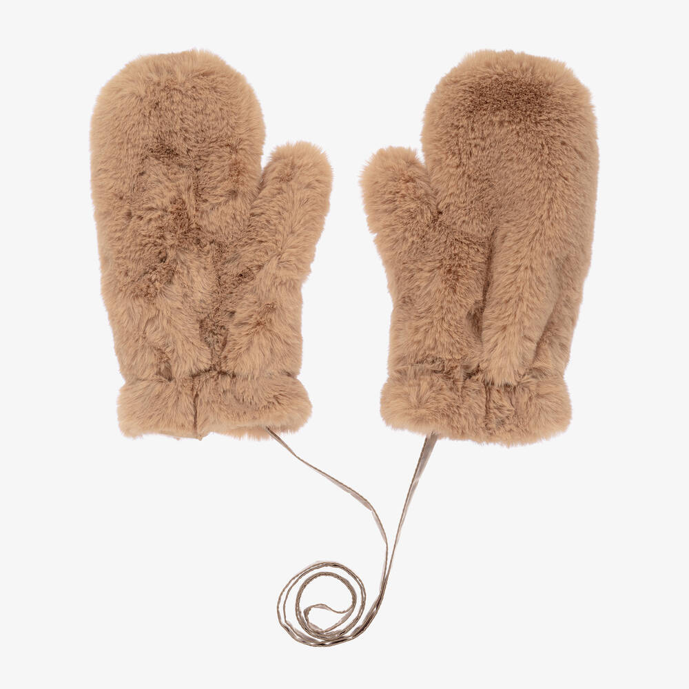 Il Gufo - Girls Beige Plush Faux Fur Mittens | Childrensalon