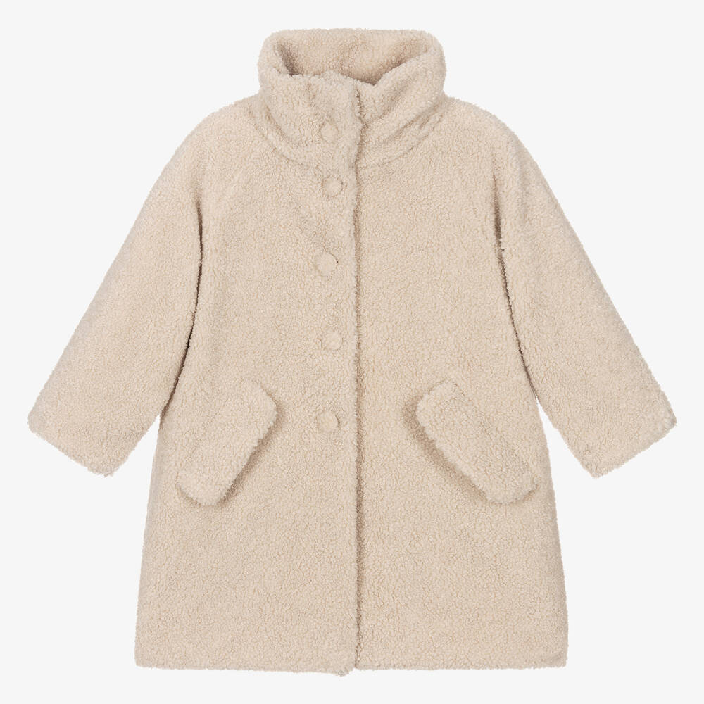 Il Gufo - Girls Beige Sherpa Fleece Coat | Childrensalon