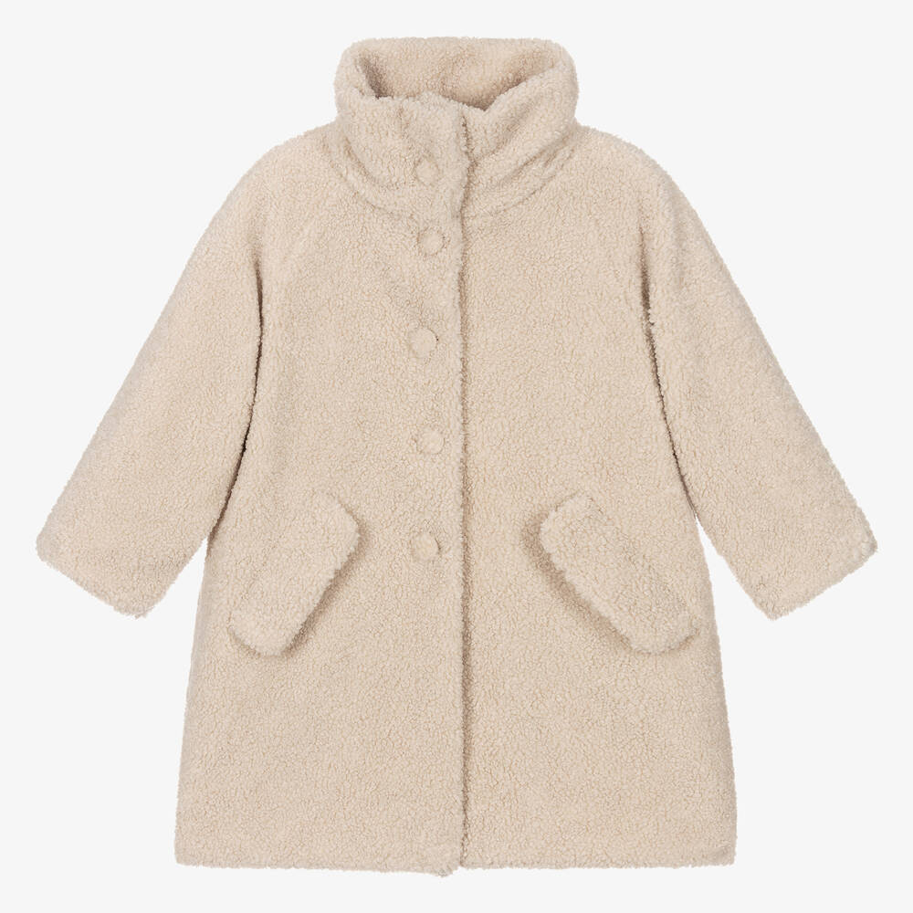 Il Gufo-Girls Beige Sherpa Fleece Coat | Childrensalon Outlet