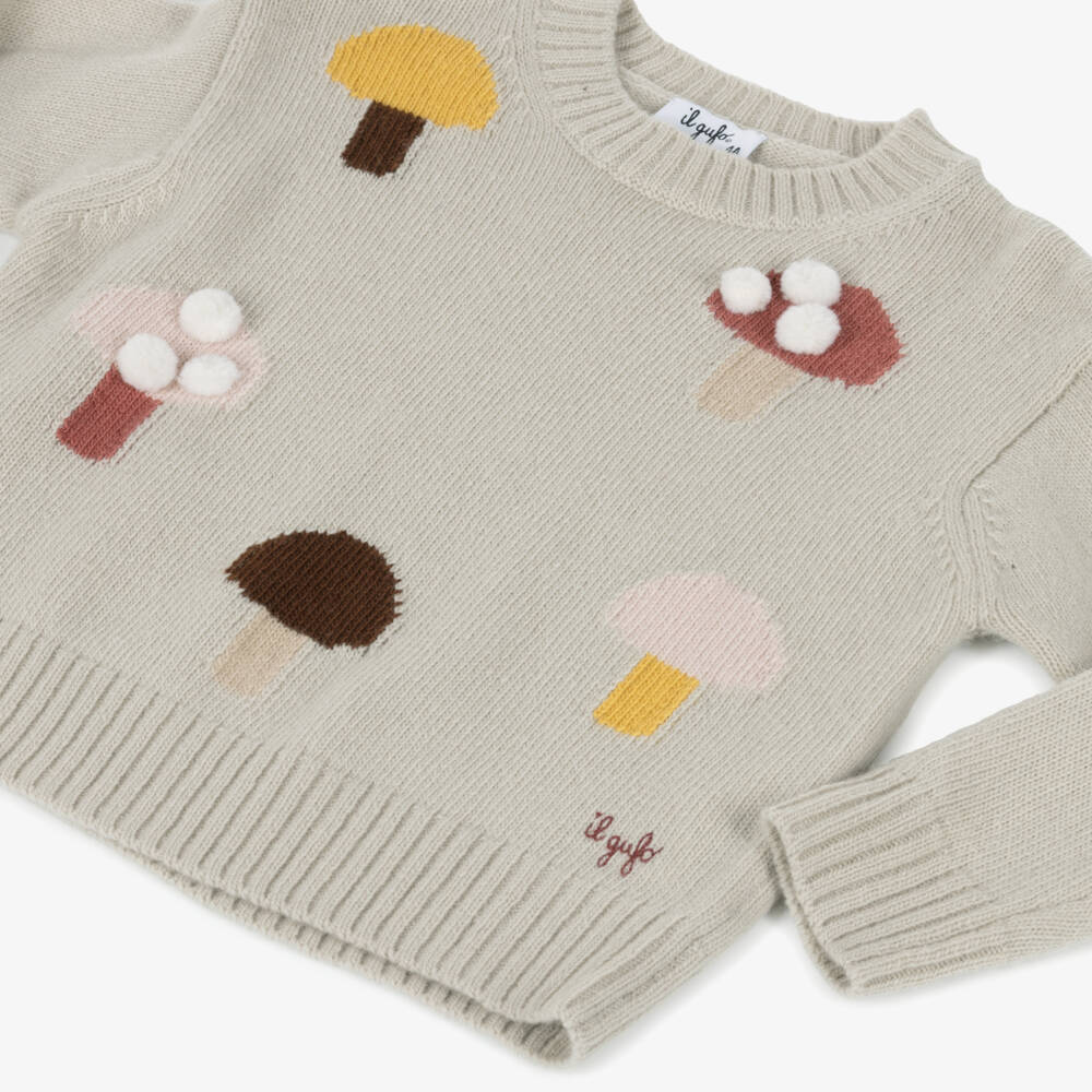 Il Gufo-Girls Beige Wool Sweater with Mushroom Motifs | Childrensalon Outlet