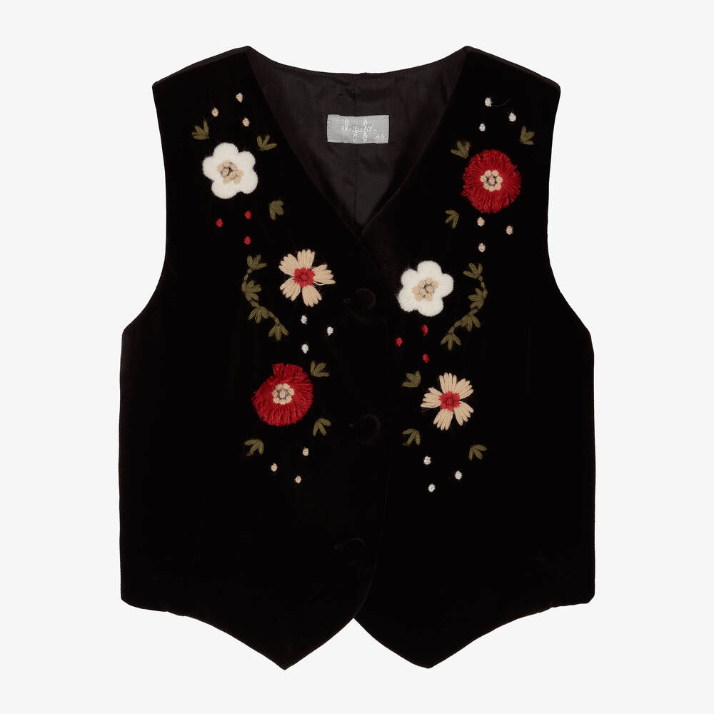 Il Gufo - Girls Black Velvet Flower Waistcoat | Childrensalon