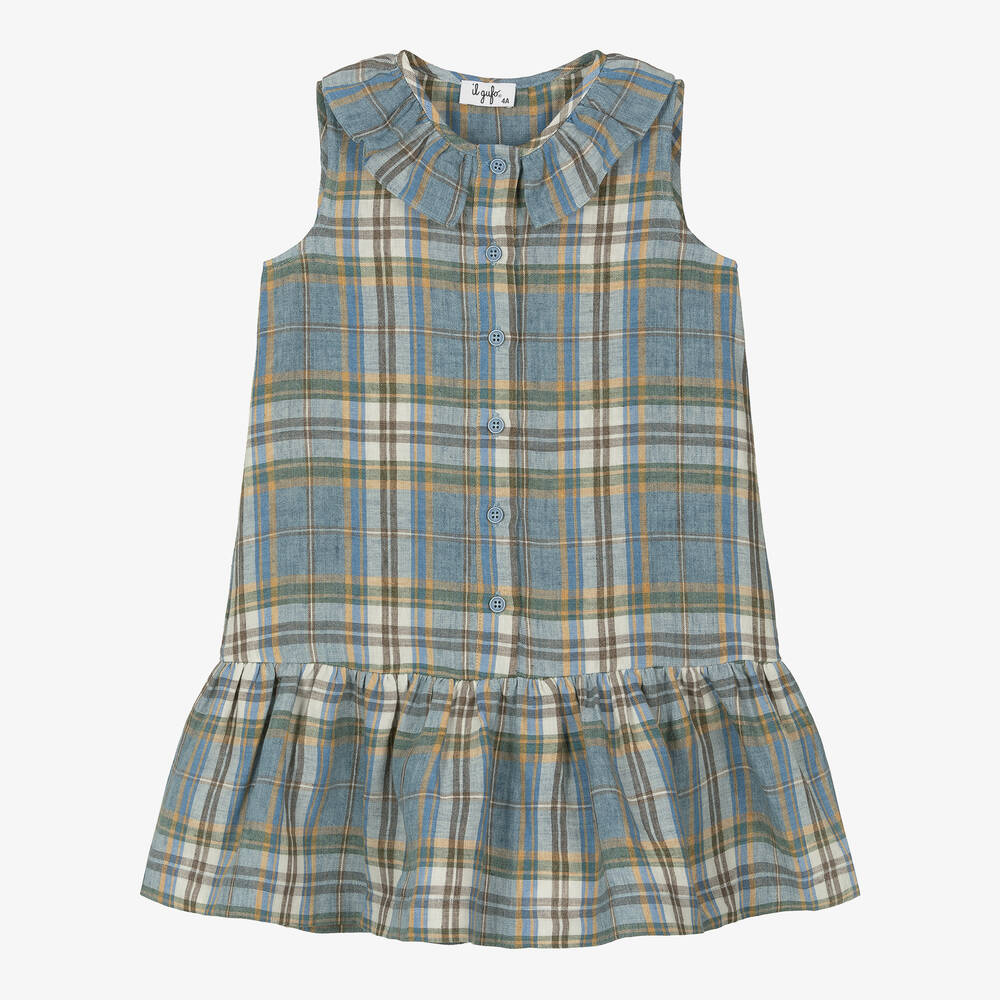 Il Gufo-Girls Blue Check Linen Dress | Childrensalon Outlet