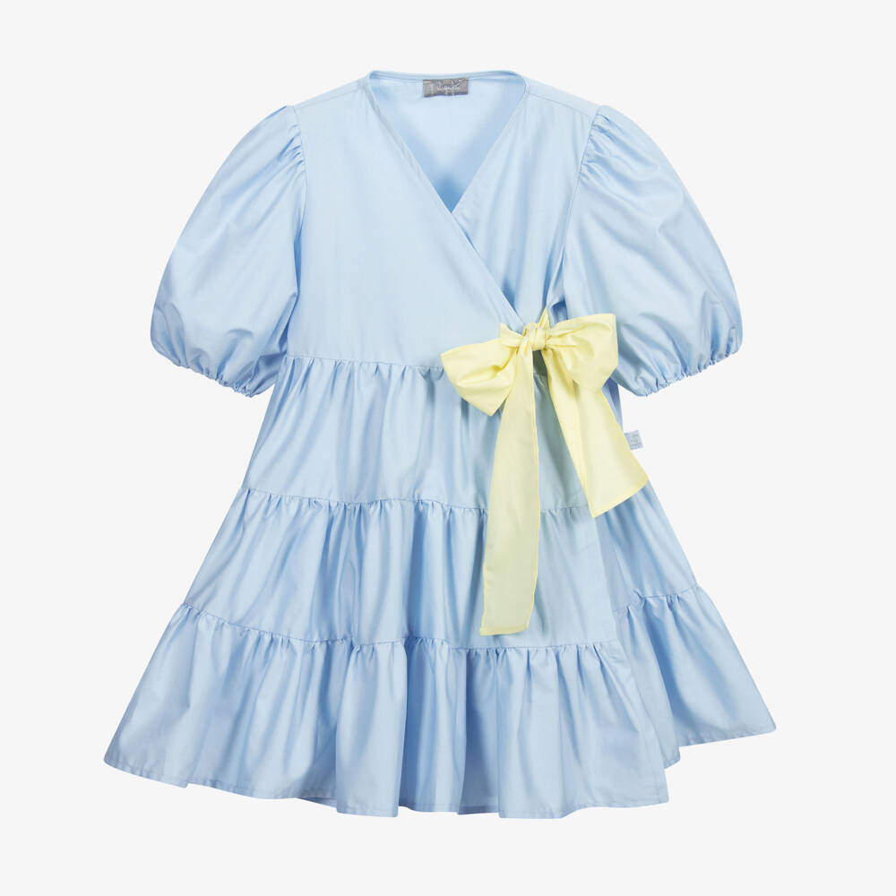 Il Gufo-فستان قطن بوبلين طبقات لون أزرق للبنات | Childrensalon Outlet