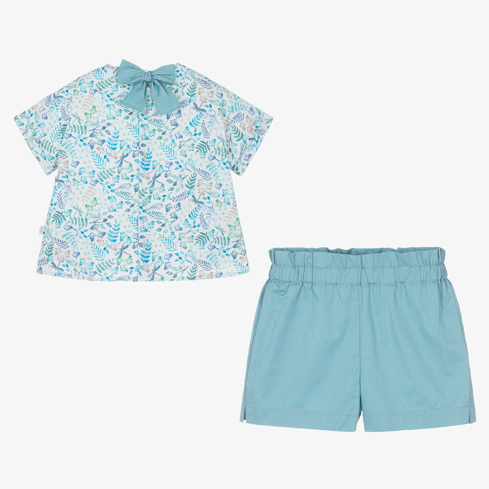 Il Gufo-Girls Blue Cotton Floral Shorts Set | Childrensalon Outlet