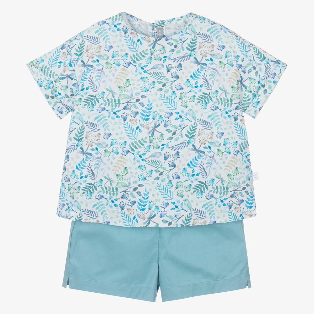 Il Gufo-Girls Blue Cotton Floral Shorts Set | Childrensalon Outlet