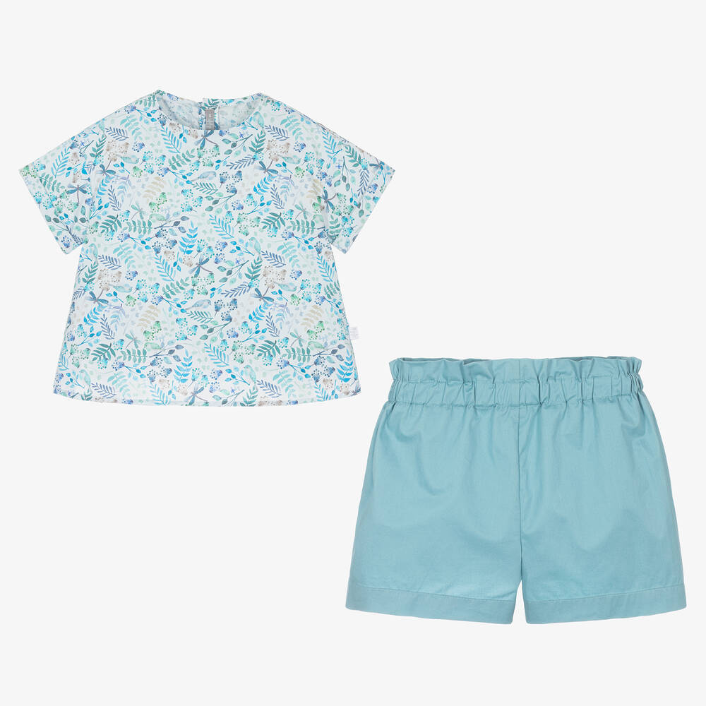 Il Gufo-Girls Blue Cotton Floral Shorts Set | Childrensalon Outlet
