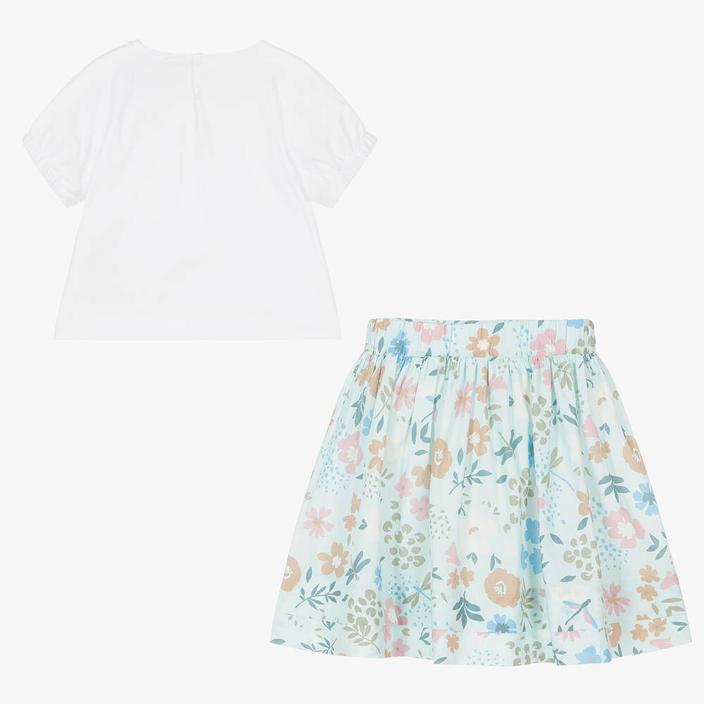 Il Gufo-Girls Blue Cotton Floral Skirt Set | Childrensalon Outlet