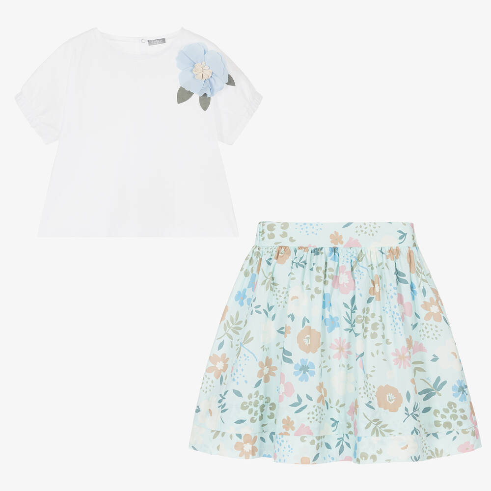 Il Gufo-Girls Blue Cotton Floral Skirt Set | Childrensalon Outlet