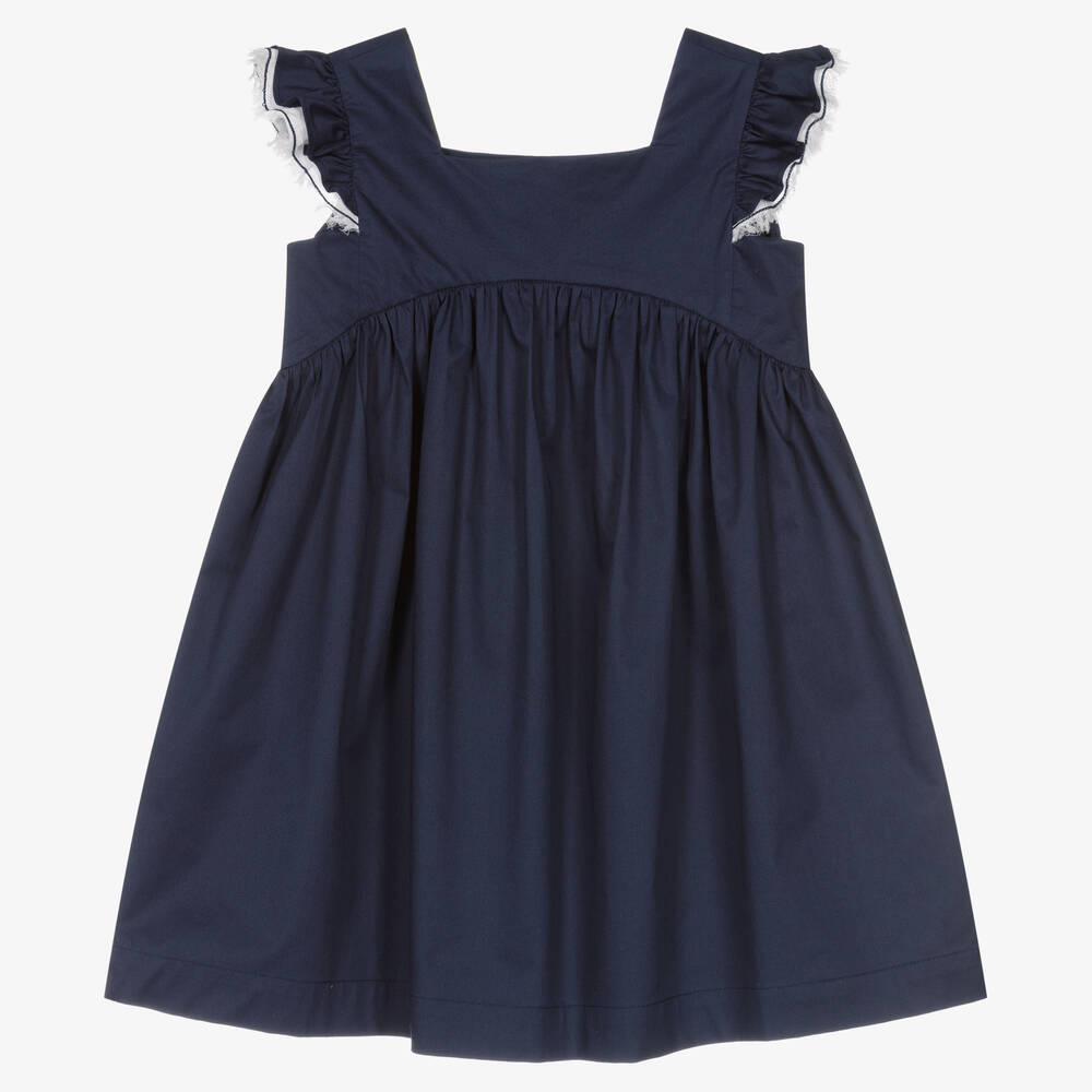 Il Gufo - Girls Blue Cotton Ruffle Sleeve Dress | Childrensalon