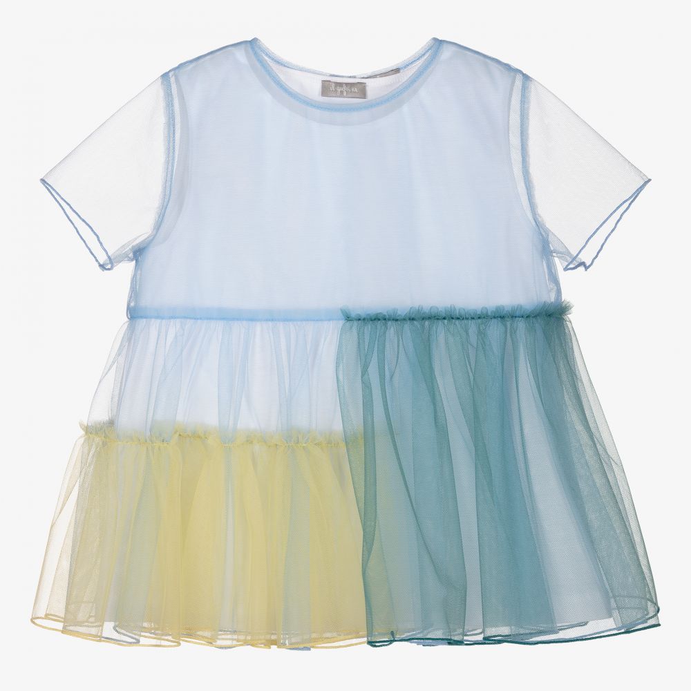 Il Gufo - Girls Blue Cotton & Tulle Top | Childrensalon