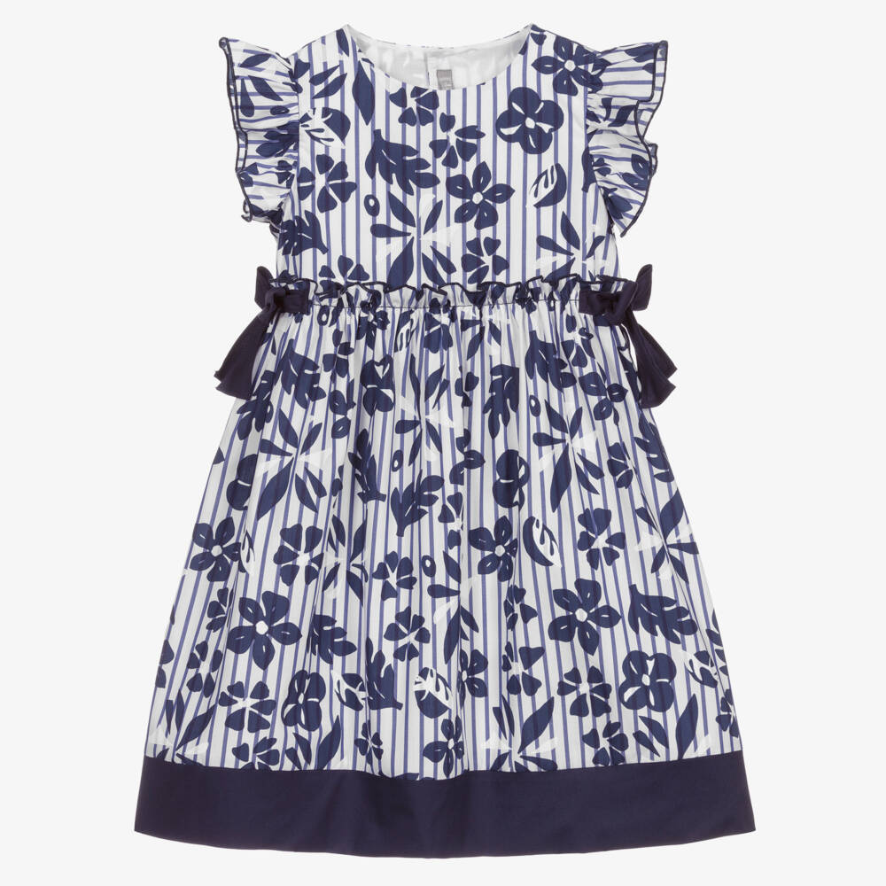 Il Gufo-فستان قطن مقلم لون أزرق وأبيض بطبعة ورود | Childrensalon Outlet
