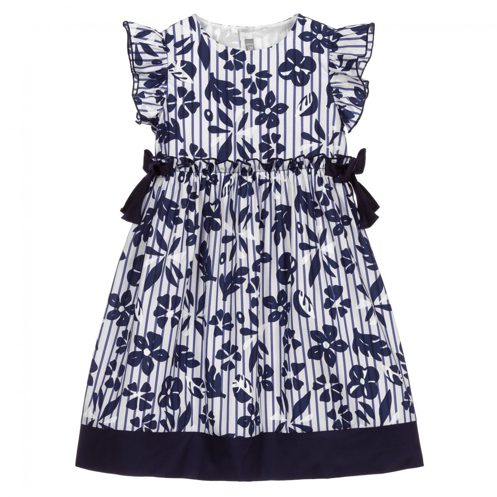 Il Gufo - Girls Blue Floral Cotton Dress | Childrensalon