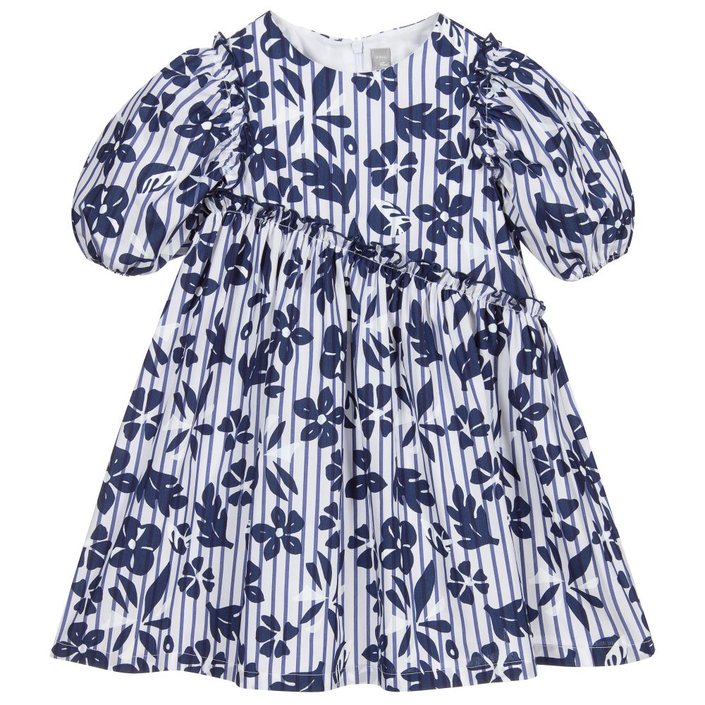 Il Gufo - Girls Blue Floral Cotton Dress | Childrensalon