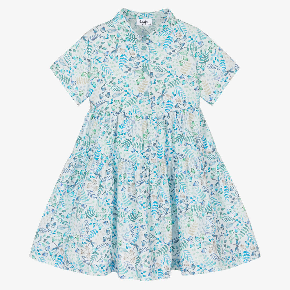 Il Gufo-Голубое хлопковое платье-рубашка в цветочек для девочек | Childrensalon Outlet