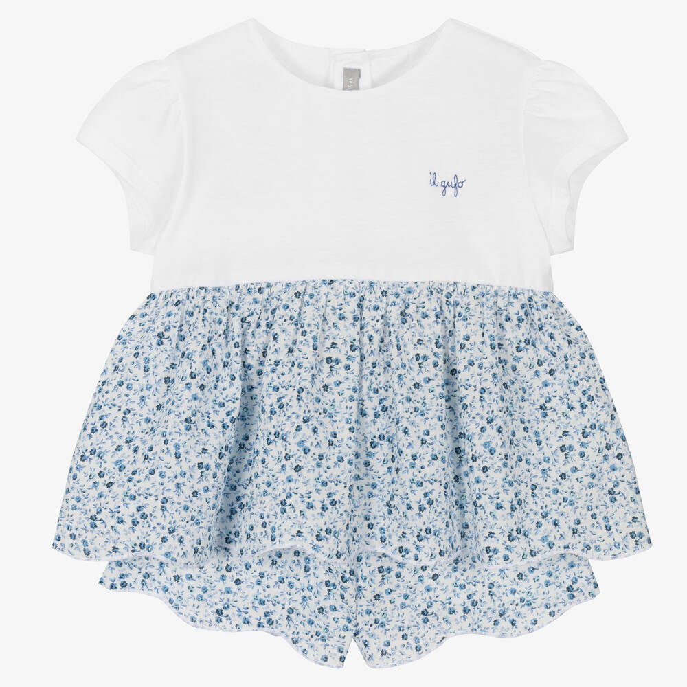 Il Gufo - Girls Blue Floral Shorts Set | Childrensalon