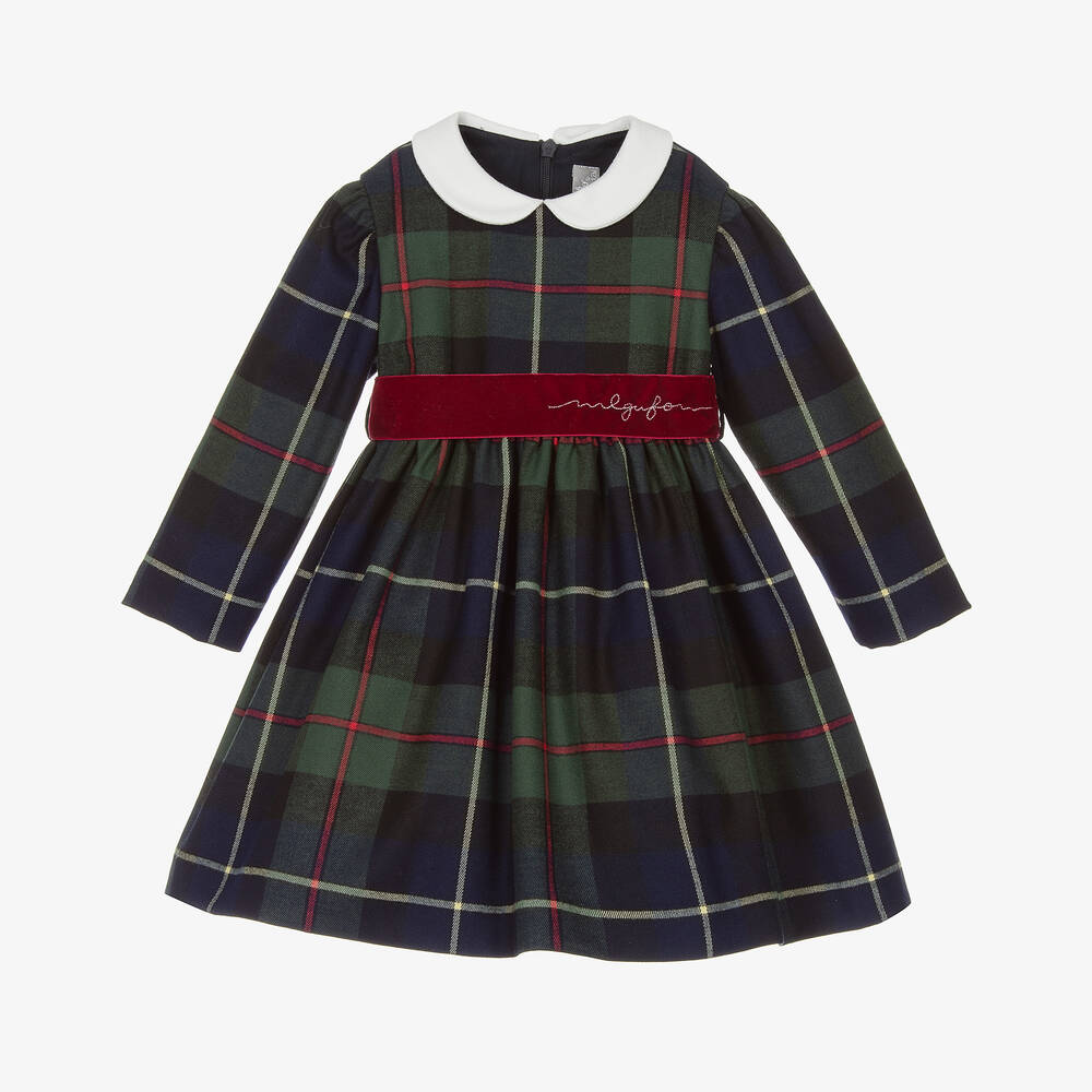 Il Gufo - Girls Blue & Green Check Viscose Dress | Childrensalon