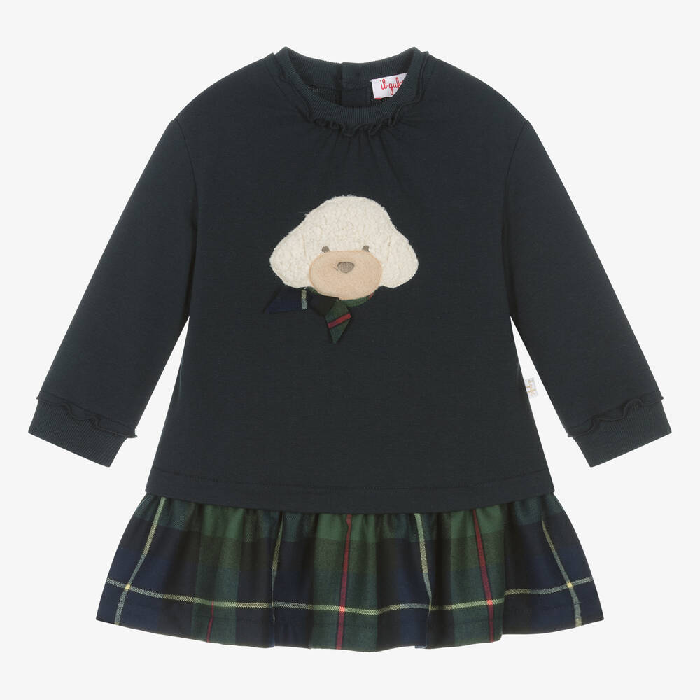 Il Gufo - Girls Blue & Green Cotton Dog Dress | Childrensalon