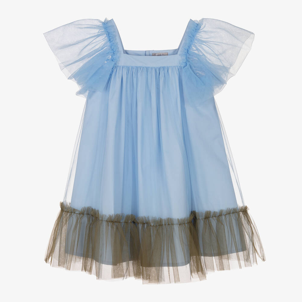Il Gufo - Girls Blue & Green Frill Tulle Dress | Childrensalon
