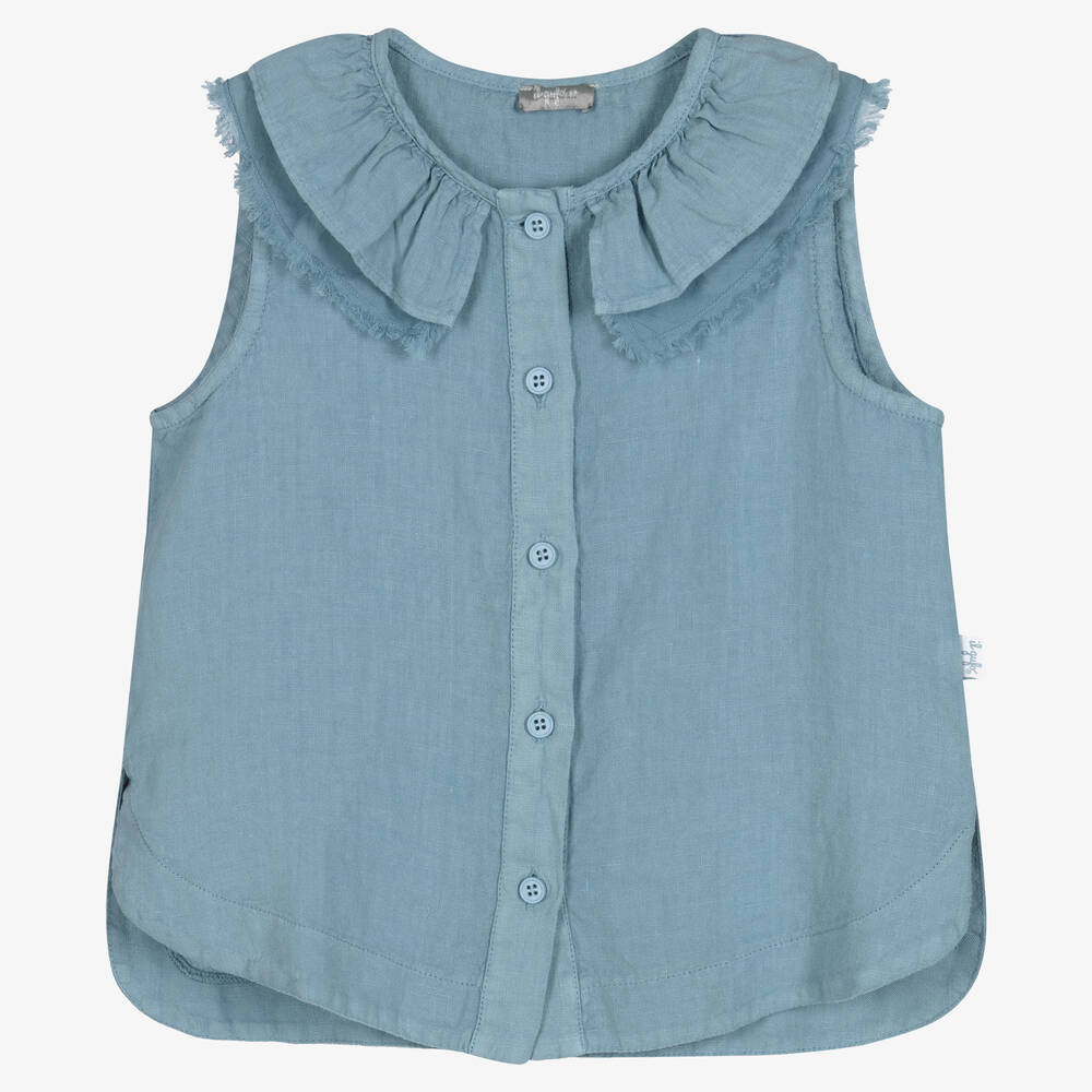 Il Gufo - Girls Blue Linen Chambray Blouse | Childrensalon