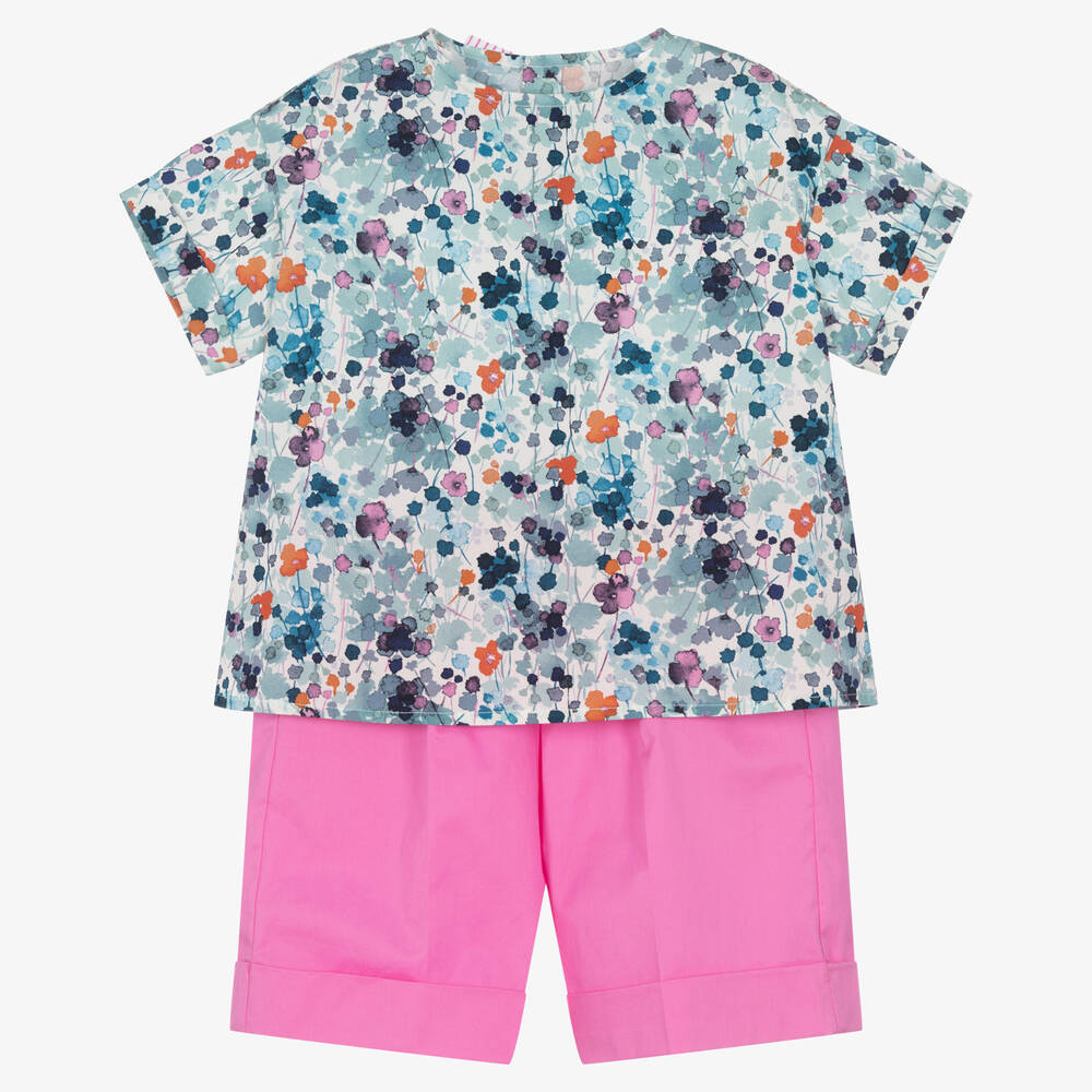Il Gufo - Blumen-Top & Shorts Set blau & rosa | Childrensalon