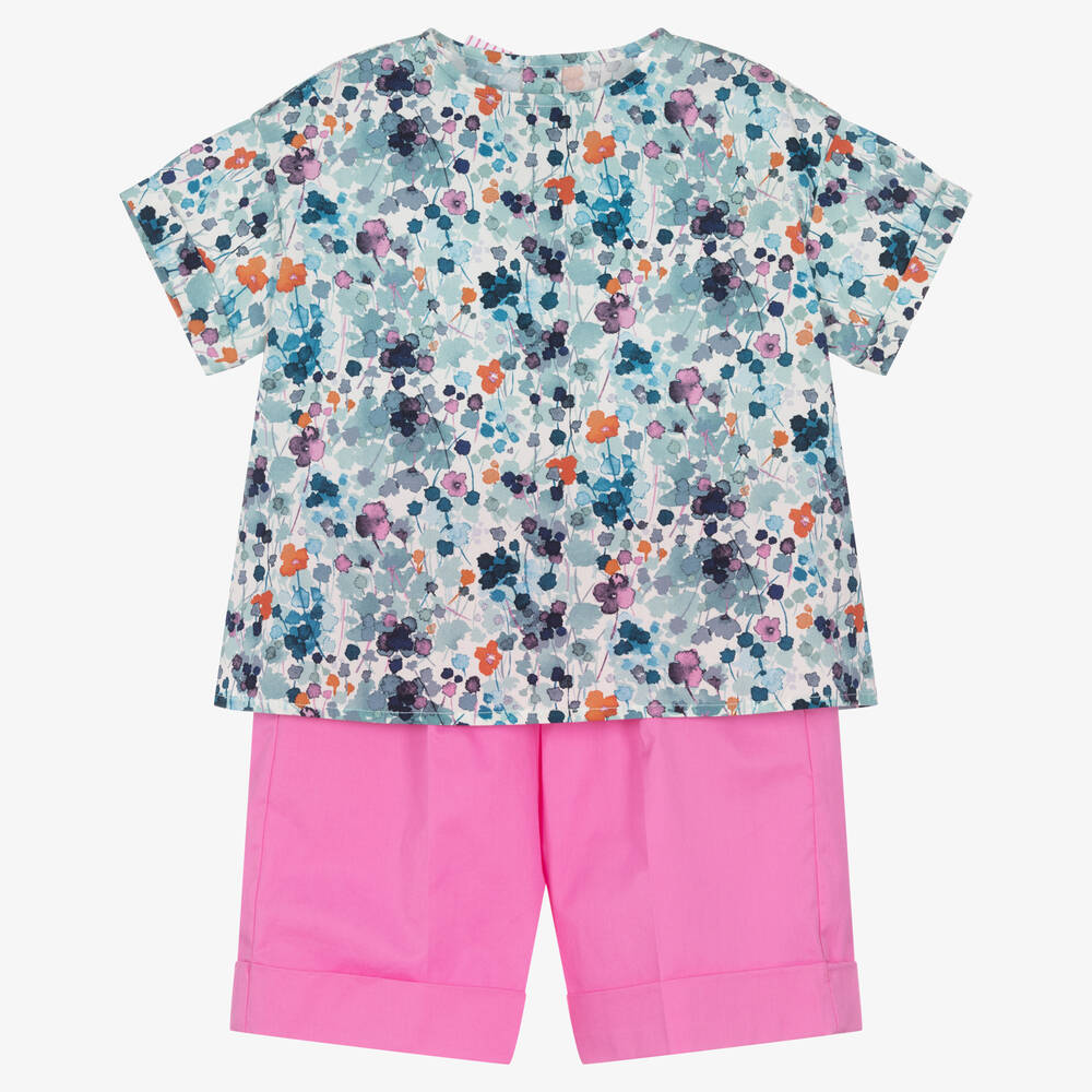 Il Gufo - Ensemble short rose bleu à fleurs | Childrensalon