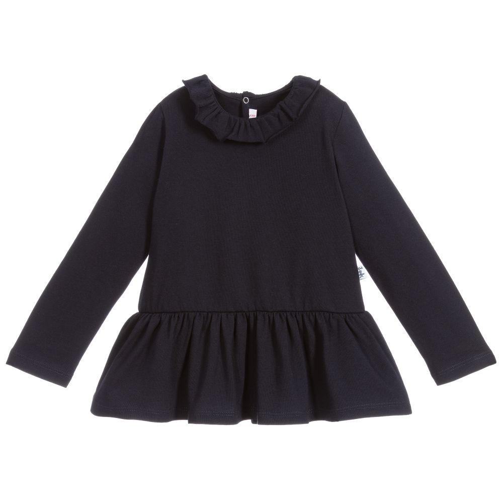 Il Gufo - Girls Blue Ruffle Cotton Top | Childrensalon