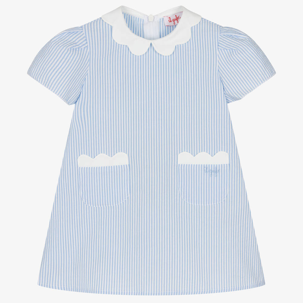Il Gufo - Girls Blue Stripe Cotton Seersucker Dress | Childrensalon