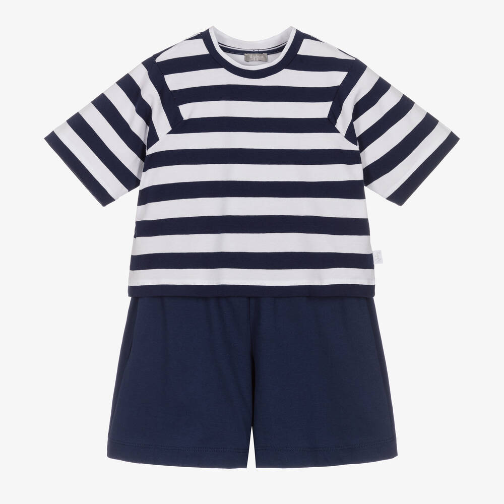 Il Gufo - Girls Blue Striped Cotton Shorts Set | Childrensalon