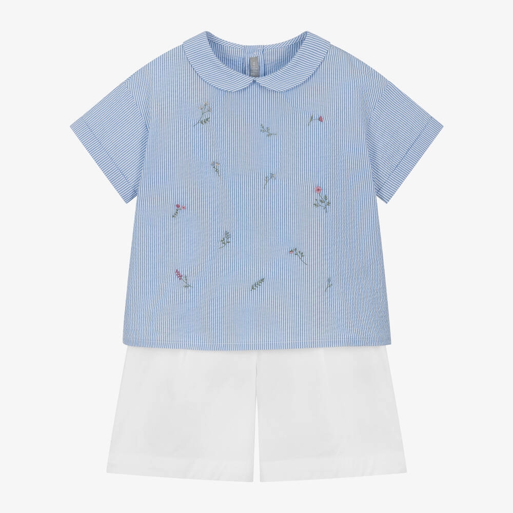 Il Gufo-Girls Blue & White Cotton Shorts Set | Childrensalon Outlet