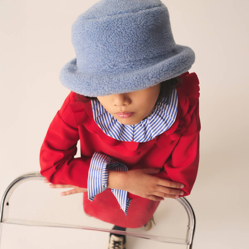Il Gufo-Girls Blue & White Stripe Cotton Blouse with Ruffle Collar | Childrensalon Outlet