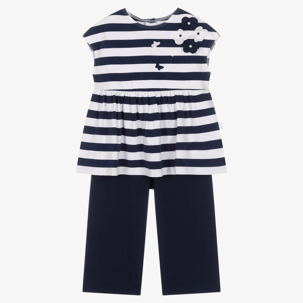 Il Gufo - Girls Blue & White Stripe Cotton Trouser Set | Childrensalon